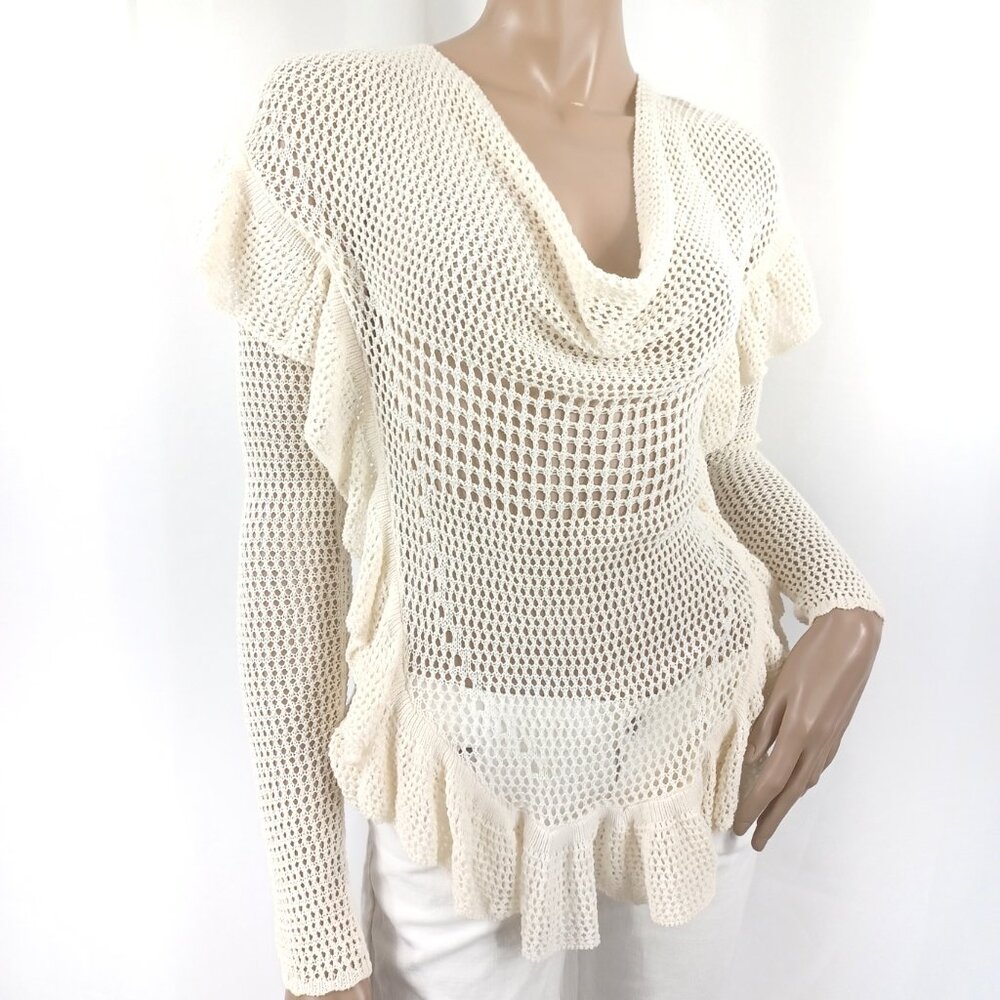 ANTHROPOLOGIE ANGEL OF THE NORTH Sweater S Drape Neck LS Ruffle Crochet